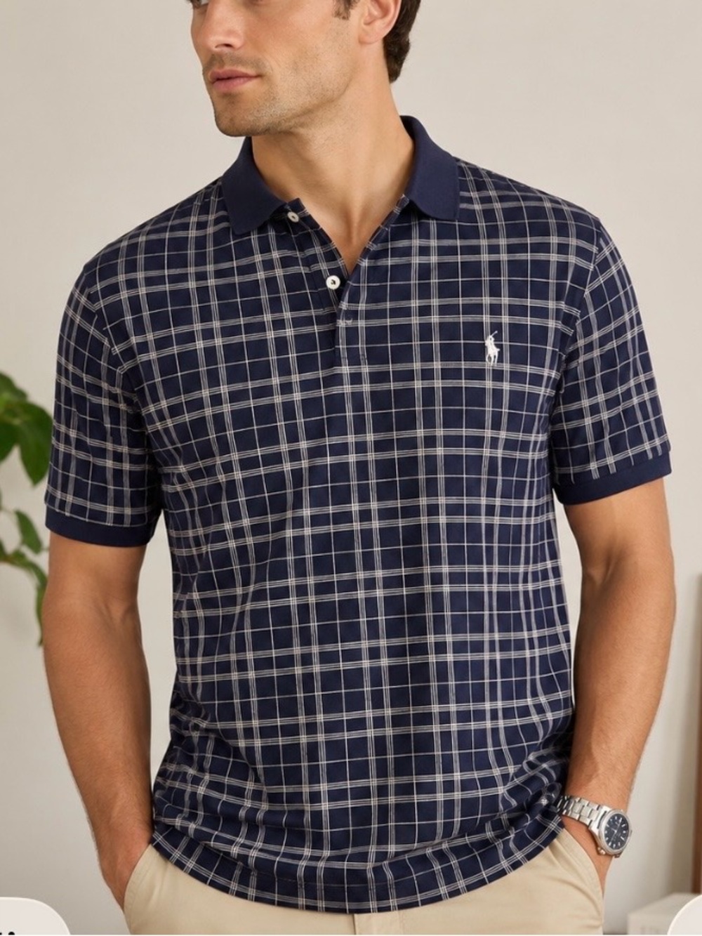 Polo Golf Ralph Lauren Men’s Large Navy Windowpane Plaid Polo Short Cotton